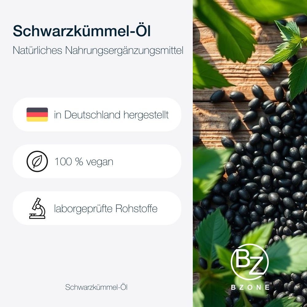 Werbebild mit Schwarzkümmelöl. Text über Herstellung in Deutschland, 100% vegan, laborgeprüfte Rohstoffe. Schwarzkümmelsamen.