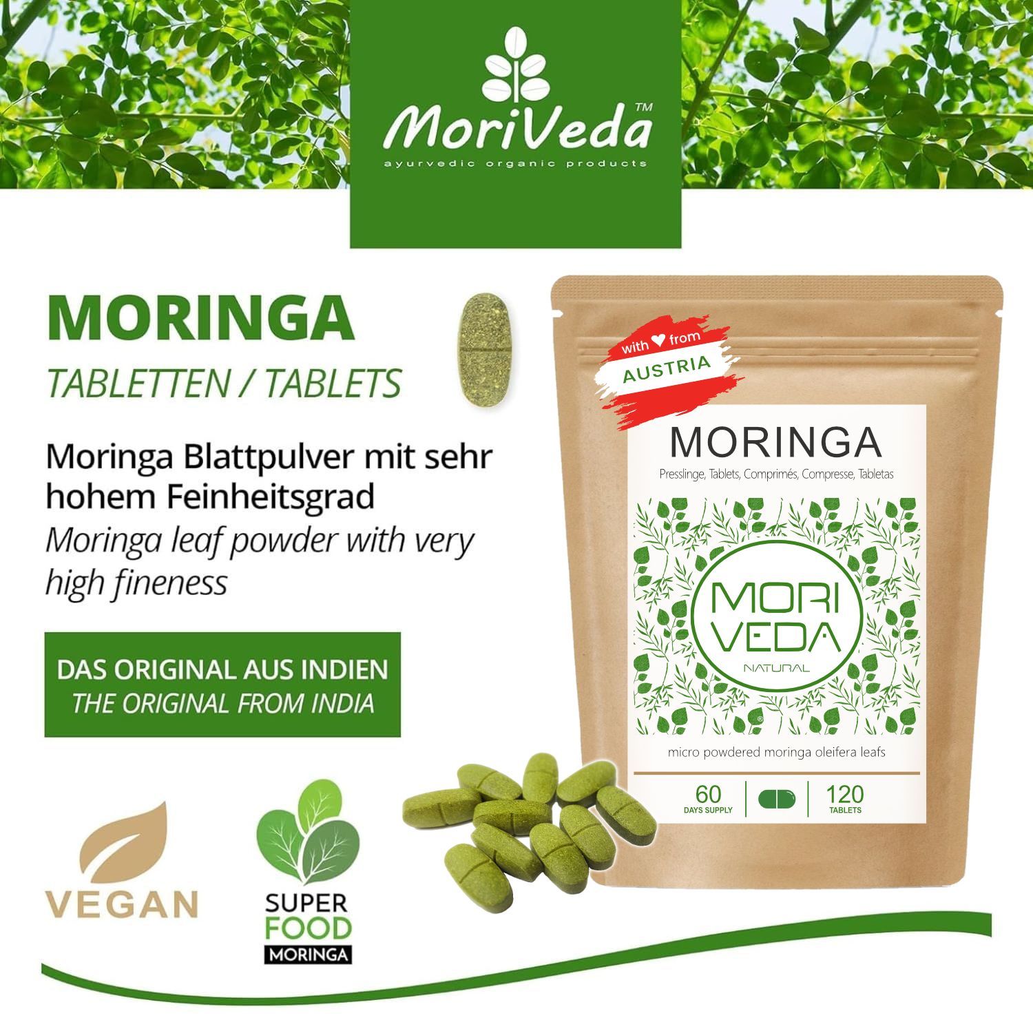 Tabletten und Beutel mit Tabletten. Aufschrift MORINGA, MORIVEDA NATURAL. Mit österreichischem Siegel.