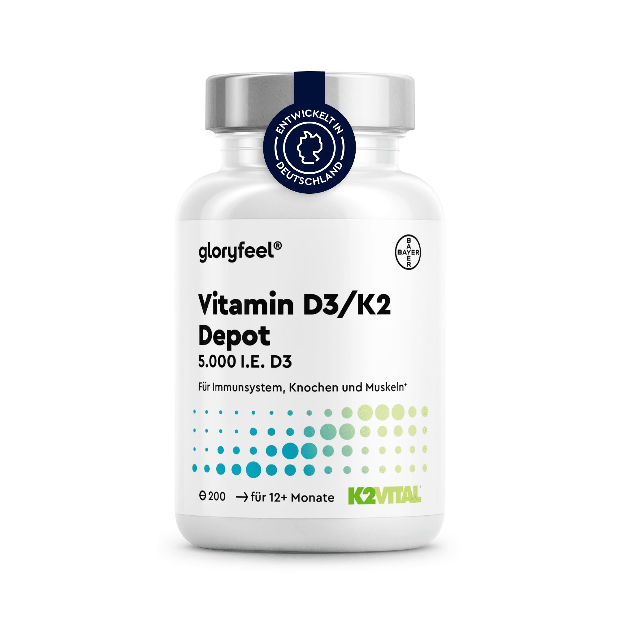 Gloryfeel Vitamin D3/K2 Depot Flasche mit 5.000 I.E. D3. Für Immunsystem, Knochen und Muskeln.
