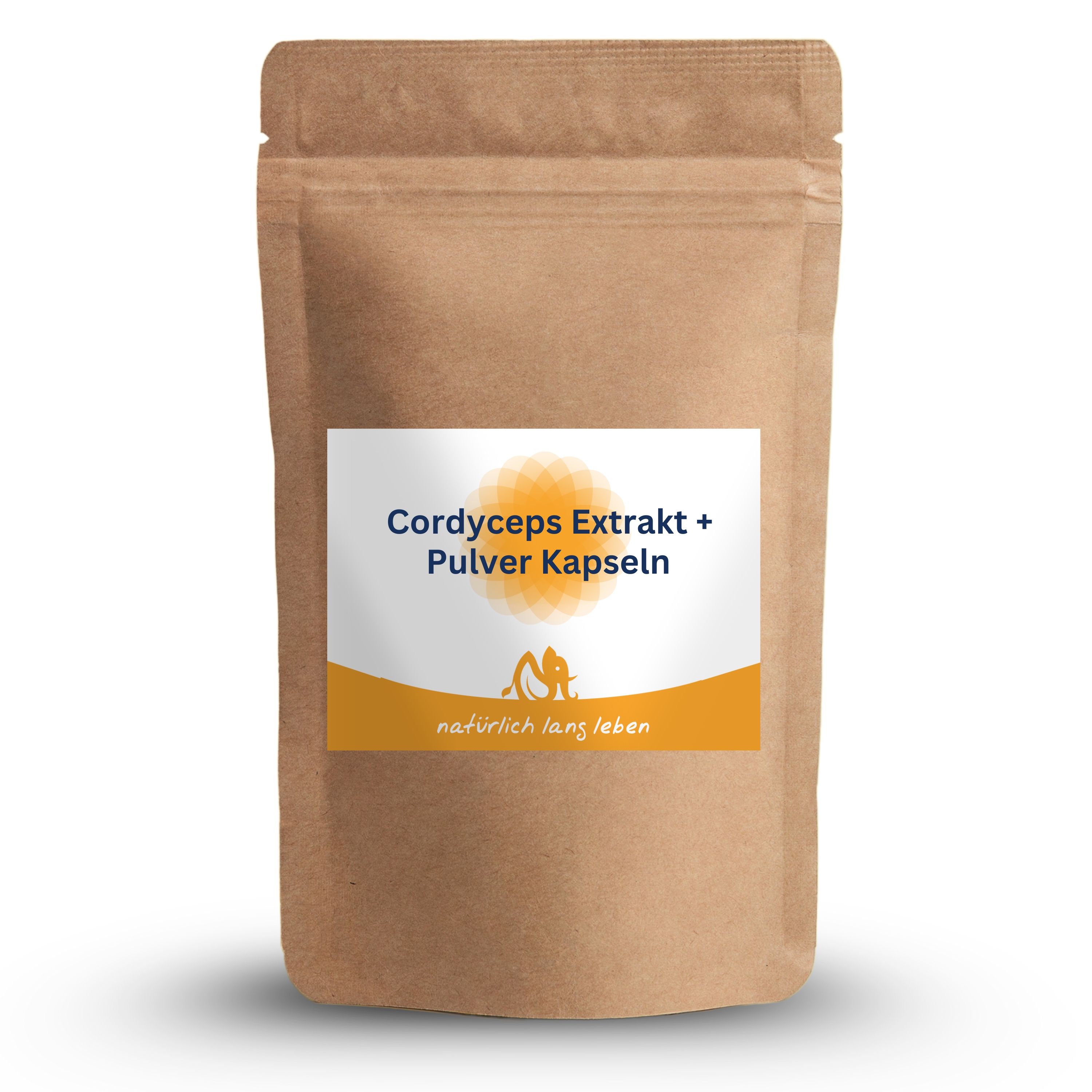 Braune Tüte mit Etikett. Aufschrift: Cordyceps Extrakt + Pulver Kapseln. Logo: natürlich lang leben. Produktverpackung.