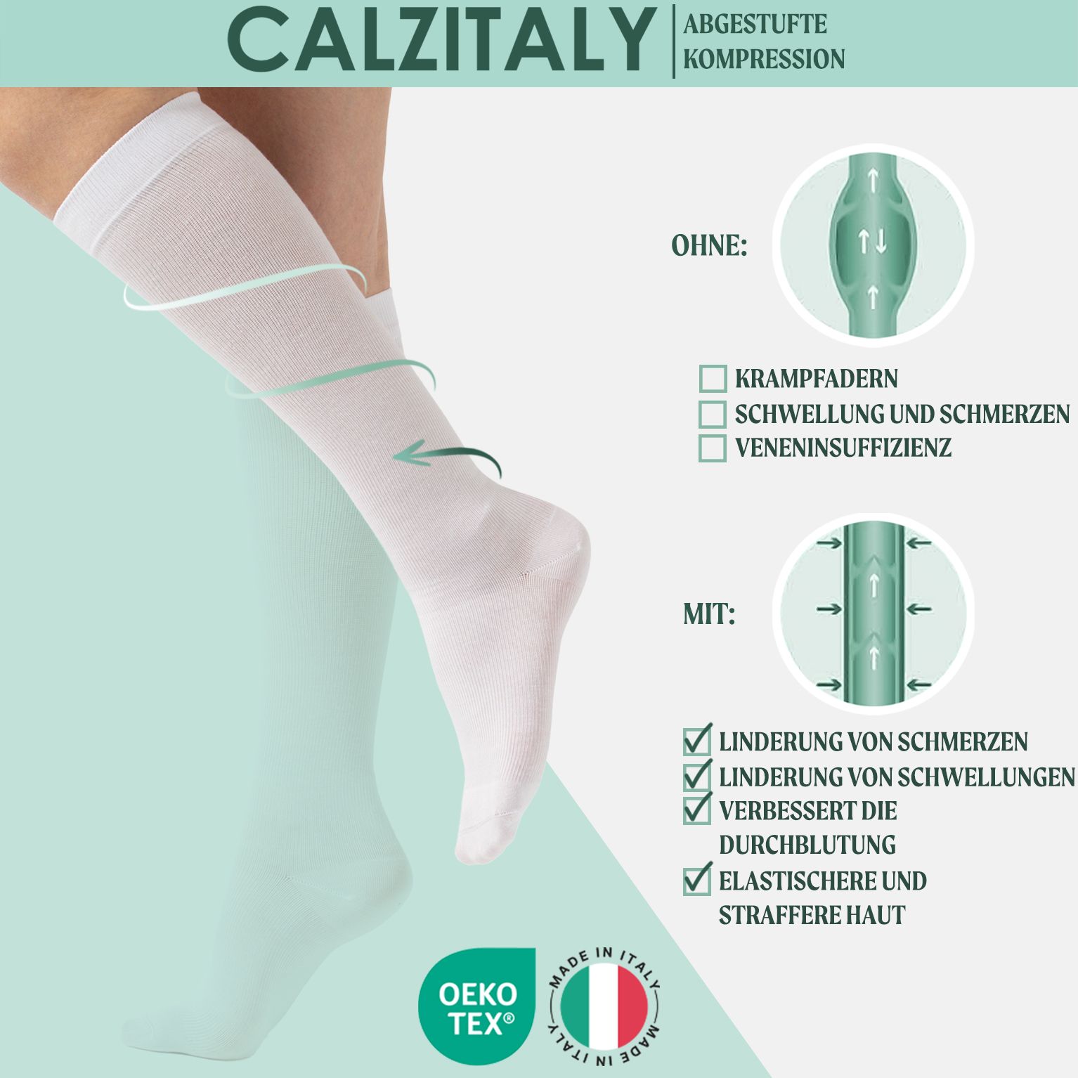 CALZITALY Unisex Kniestrümpfe aus Baumwolle Abgestufter Kompression 14-16 mm/Hg Made in Italy