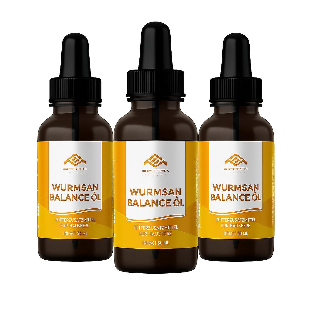 Drei braune Glasflaschen mit schwarzem Deckel und gelbem Etikett. Aufschrift: Wurmsan Balance Öl. Futterergänzungsmittel für Haustiere.
