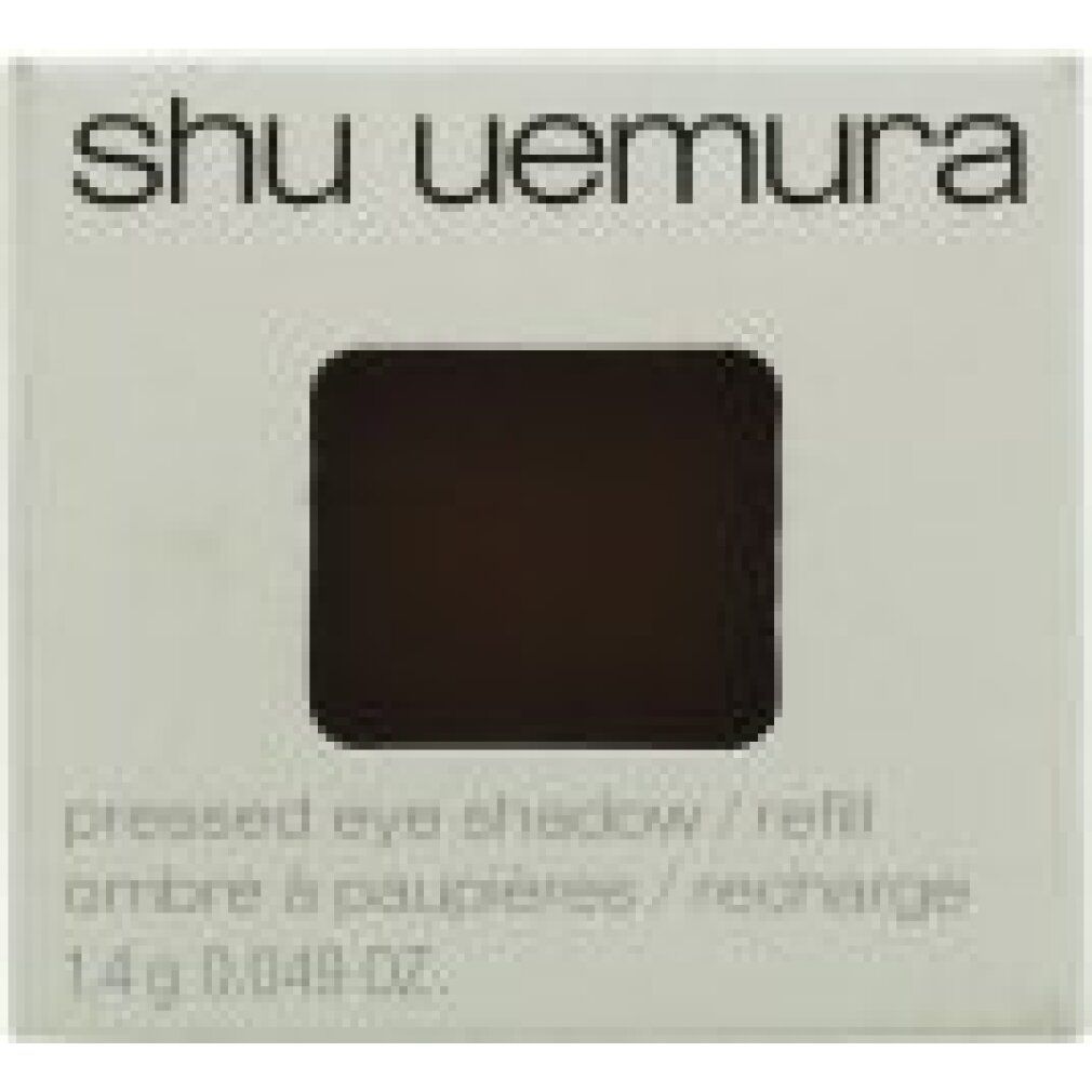 Quadratische Lidschatten-Verpackung mit "shu uemura" oben. Darunter dunkler, quadratischer Lidschatten. Text: pressed eye shadow / refill.