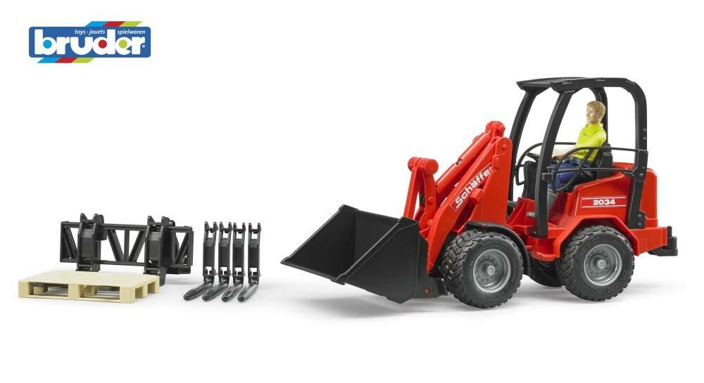 Caricatore gommato BRUDER rosso con accessori. Include forche, pallet e una figura. Benna nera. Logo Bruder in alto a sinistra.