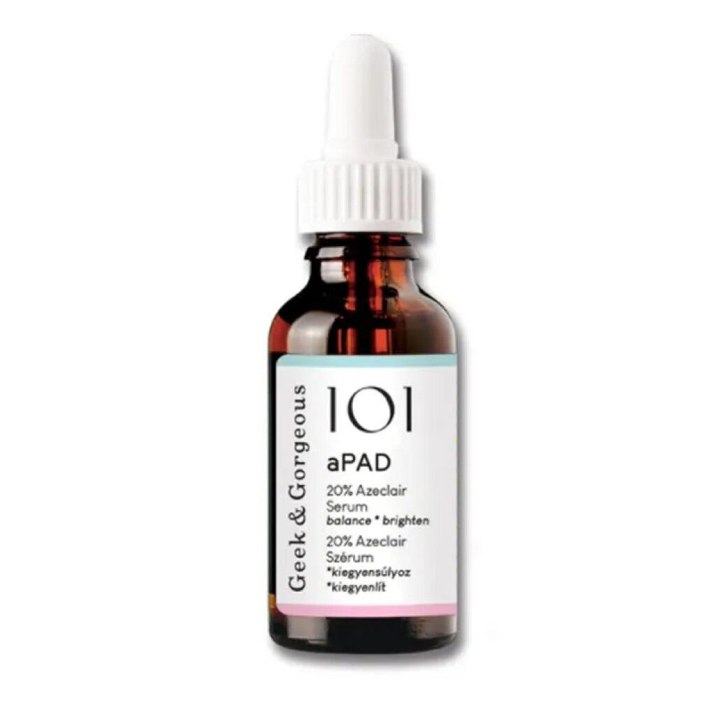 Braune Glasflasche mit weißem Tropfer. Etikett mit Produktnamen aPAD und weiteren Informationen. Marke: Geek & Gorgeous.