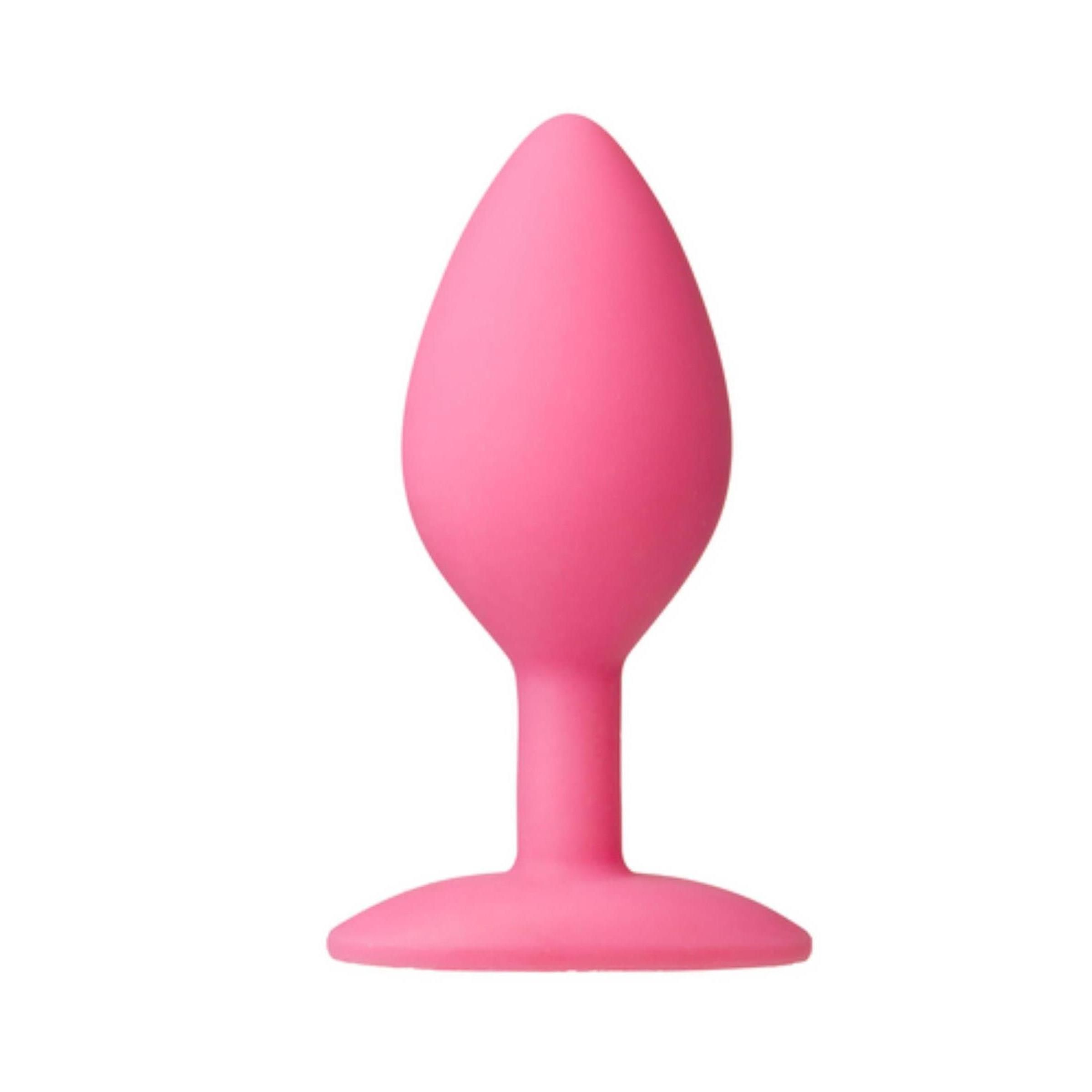 Rosa Butt Plug. Tropfenförmiger Kopf, zylindrischer Schaft, flache Basis. Aus Silikon.