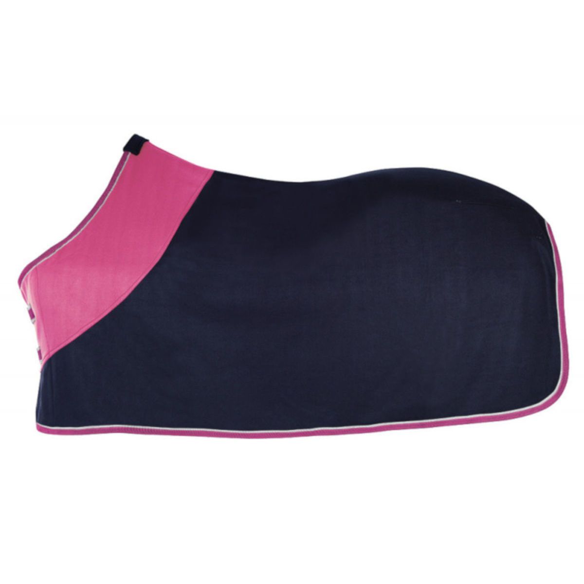 Pferdedecke, dunkelblau mit pinkfarbenem Schulterbereich und pinkfarbener Umrandung.