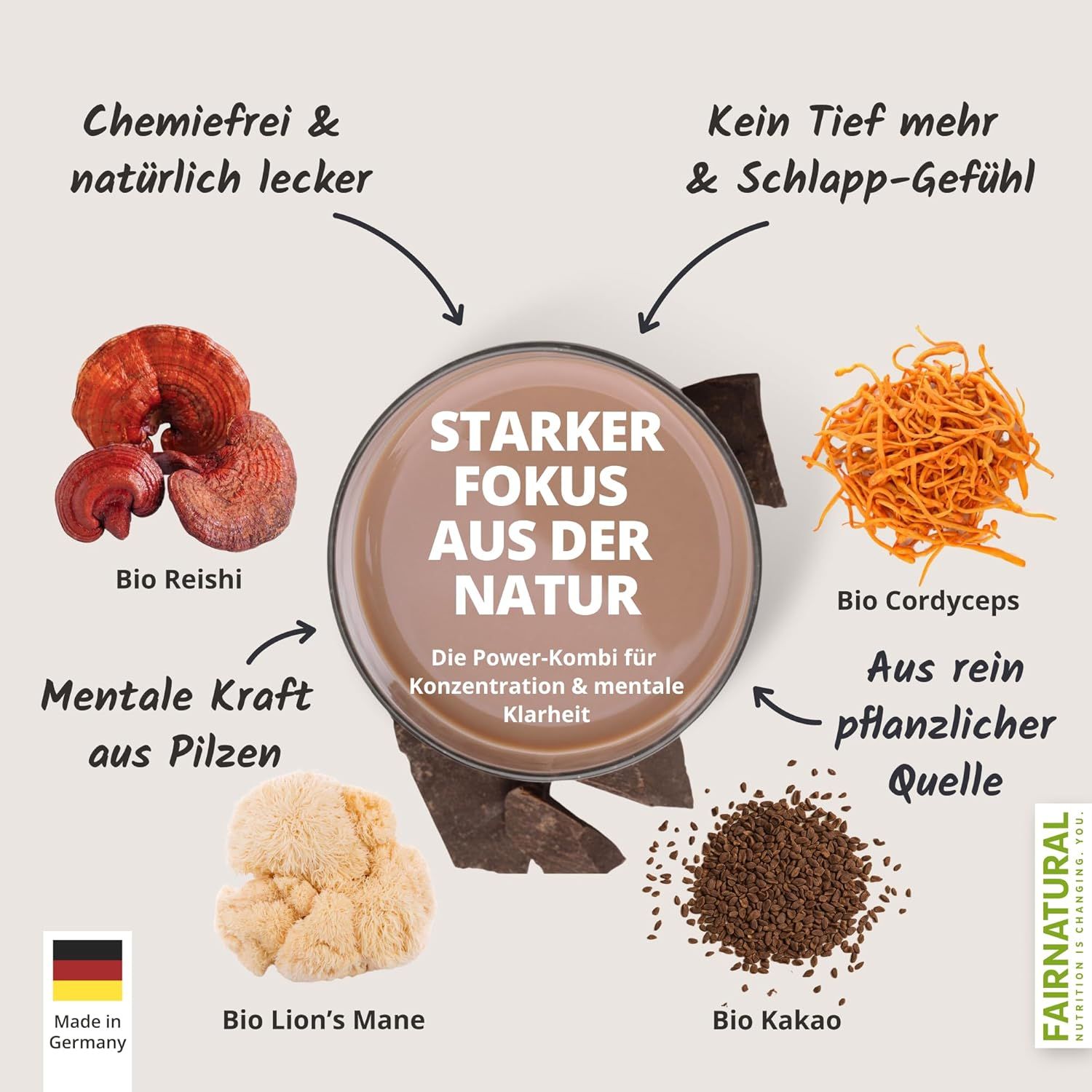 FAIRNATURAL Focus Mushroom Kakaopulver Vegan