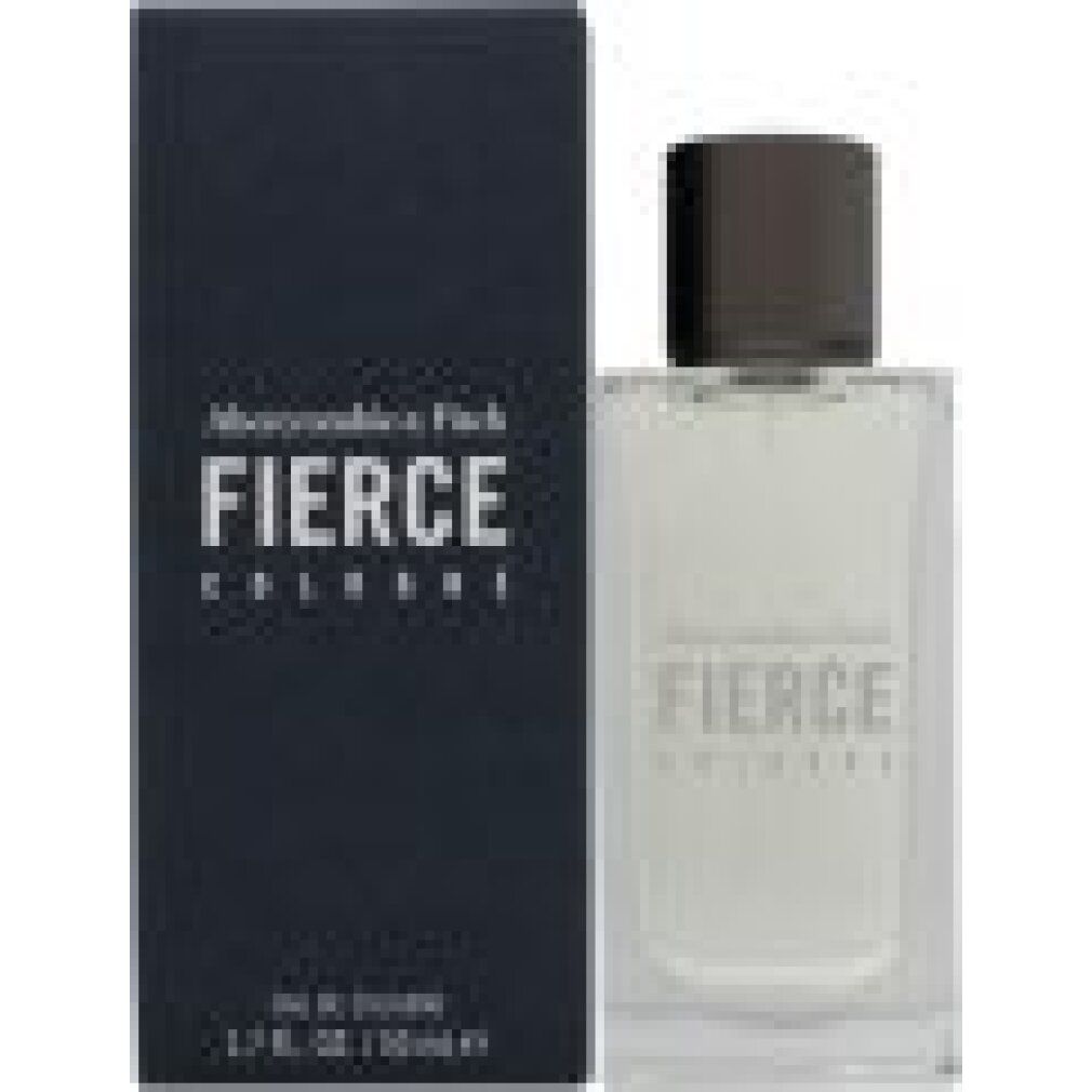 Flakon und Verpackung von Abercrombie & Fitch Fierce Cologne. Dunkelblaue Verpackung. Flakon mit Logo und Schriftzug.