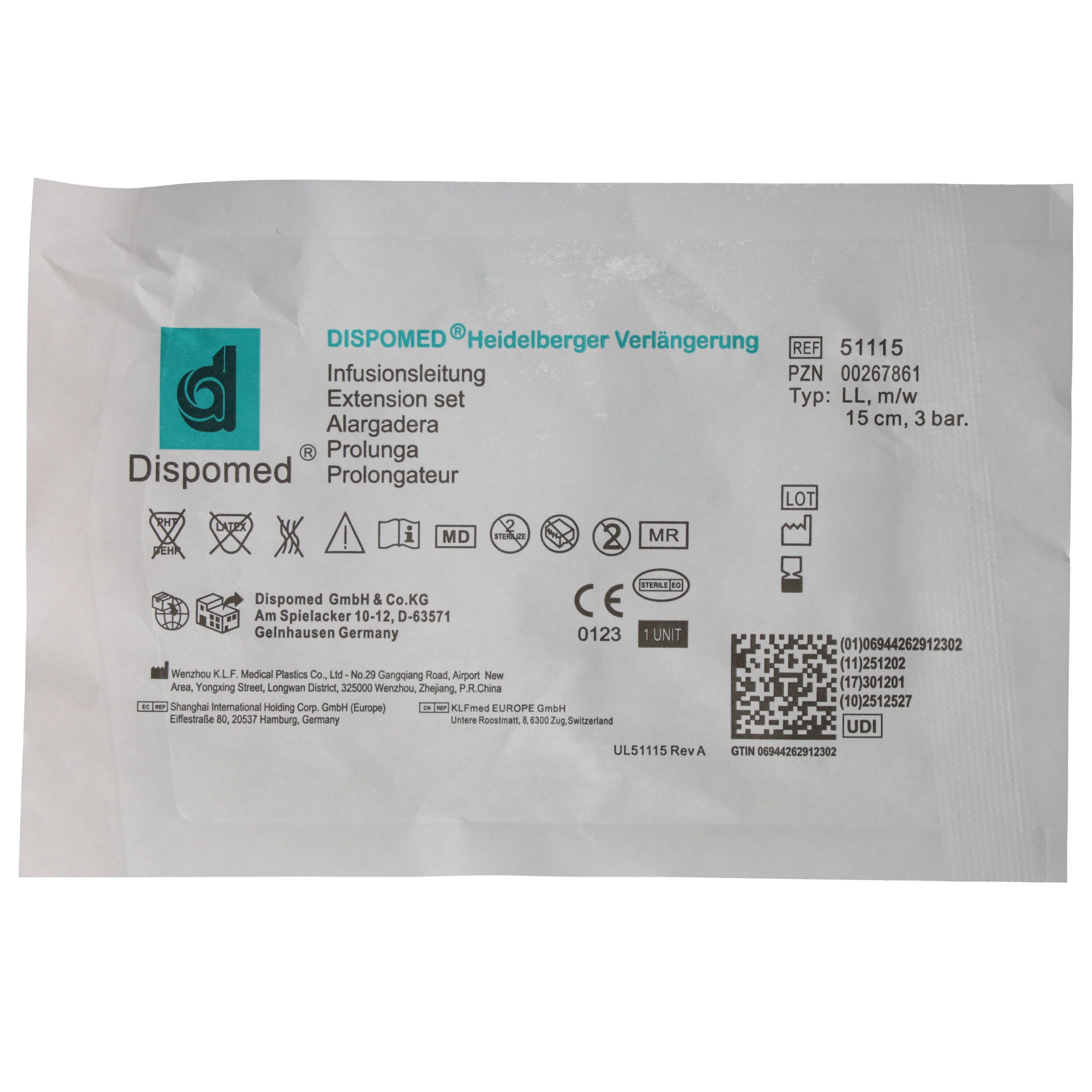 Verpackung mit Produktinformationen. Text: DISPOMED Heidelberger Verlängerung, 15 cm, 3 bar. CE-Kennzeichnung.