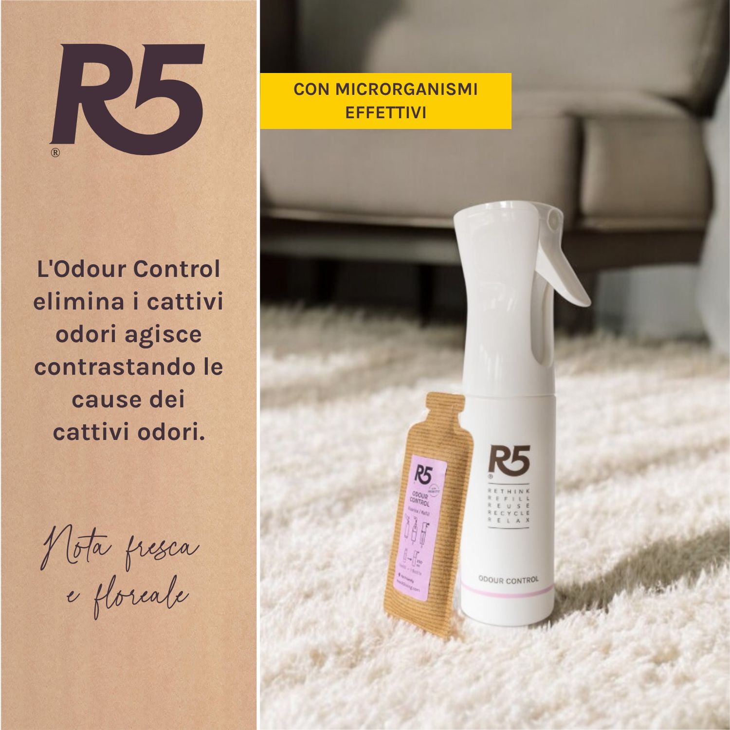 R5 Odour Control Flasche mit Nachfüllpackung und Text.