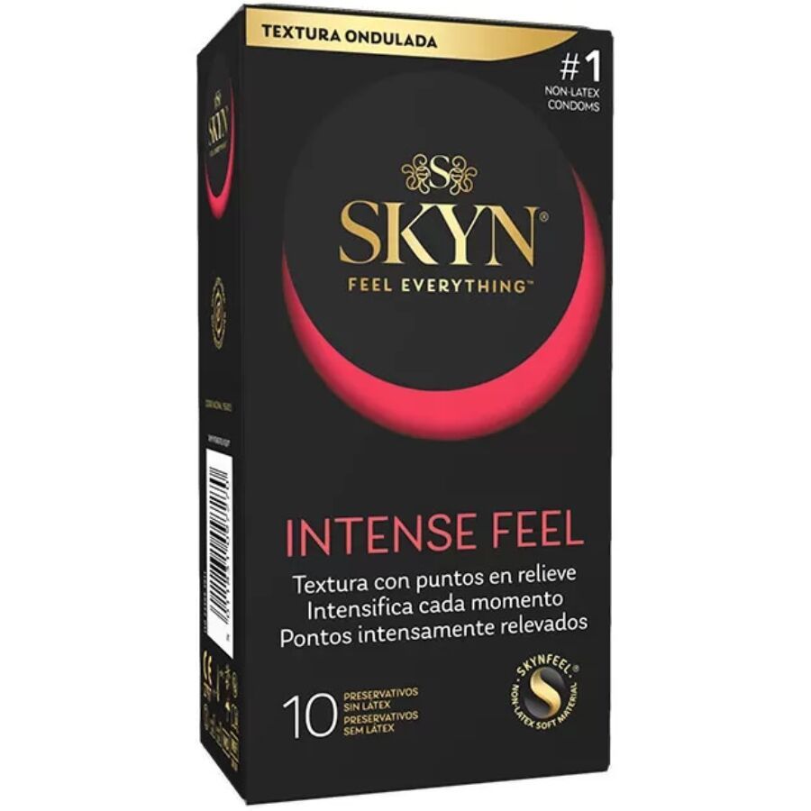 Schwarze Verpackung mit rotem Akzent und Produktlogo. Enthält 10 Stück. Text: 'Intense Feel' und 'ohne Latex'.