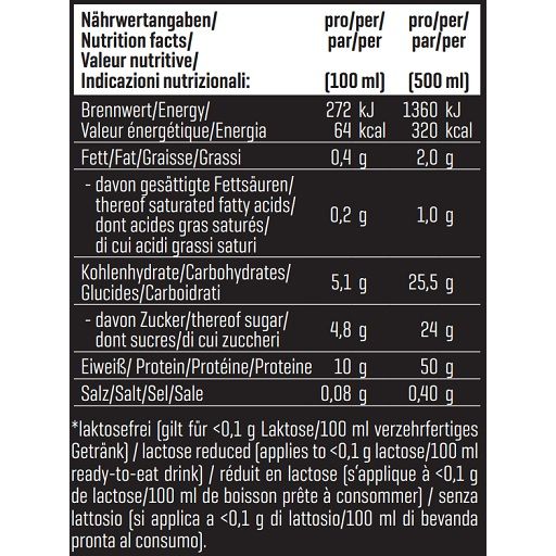 Nährwerttabelle mit Informationen zu Energie, Fett, Kohlenhydraten, Zucker, Eiweiß und Salz. Angaben pro 100ml und 500ml.