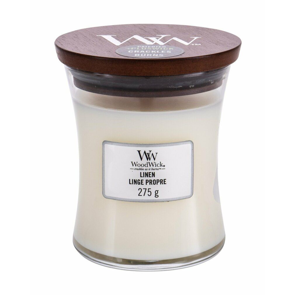 Sanduhrkerze mit Deckel. Auf dem Etikett steht "Linen Linge Propre" und das WoodWick-Logo. Gewicht: 275 g.