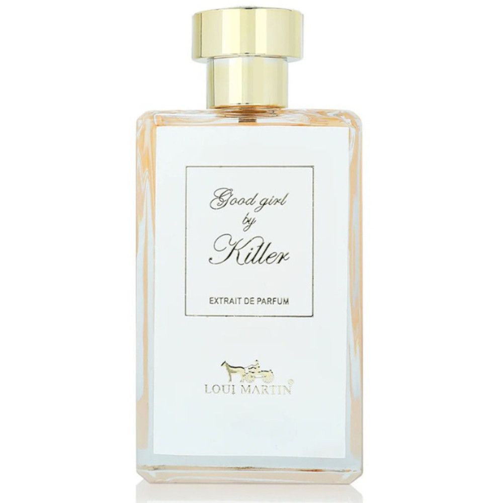 Parfümflakon mit goldfarbenem Verschluss. Auf weißem Etikett: "Good girl by Killer", "EXTRAIT DE PARFUM" und Logo.