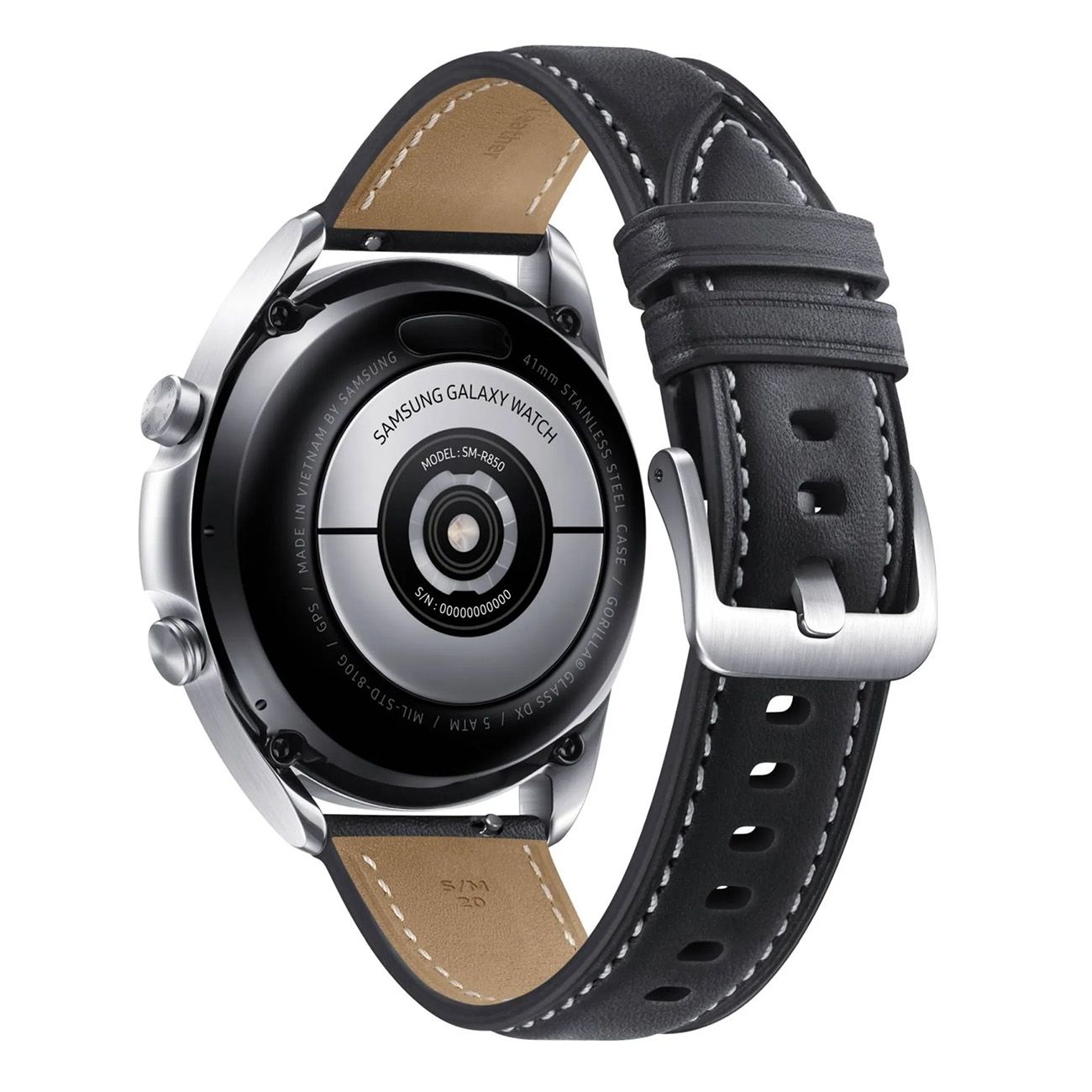 Rückseite der Smartwatch mit silbernem Gehäuse und schwarzem Lederarmband. Sensoren und Produktinformationen.