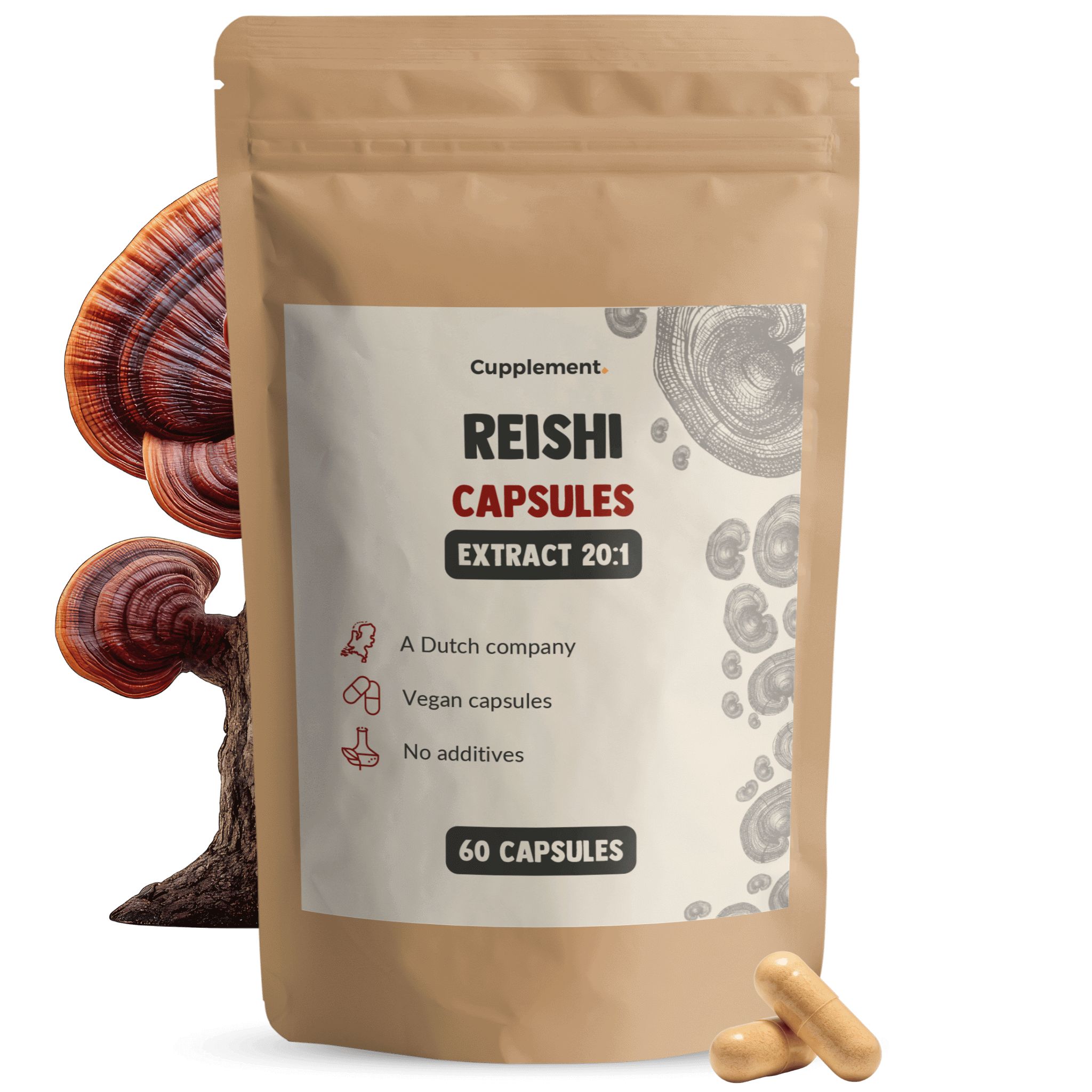 Beutel mit Reishi-Kapseln. Aufschrift: Reishi Capsules, Extrakt 20:1, 60 Kapseln. Zwei Kapseln liegen daneben.