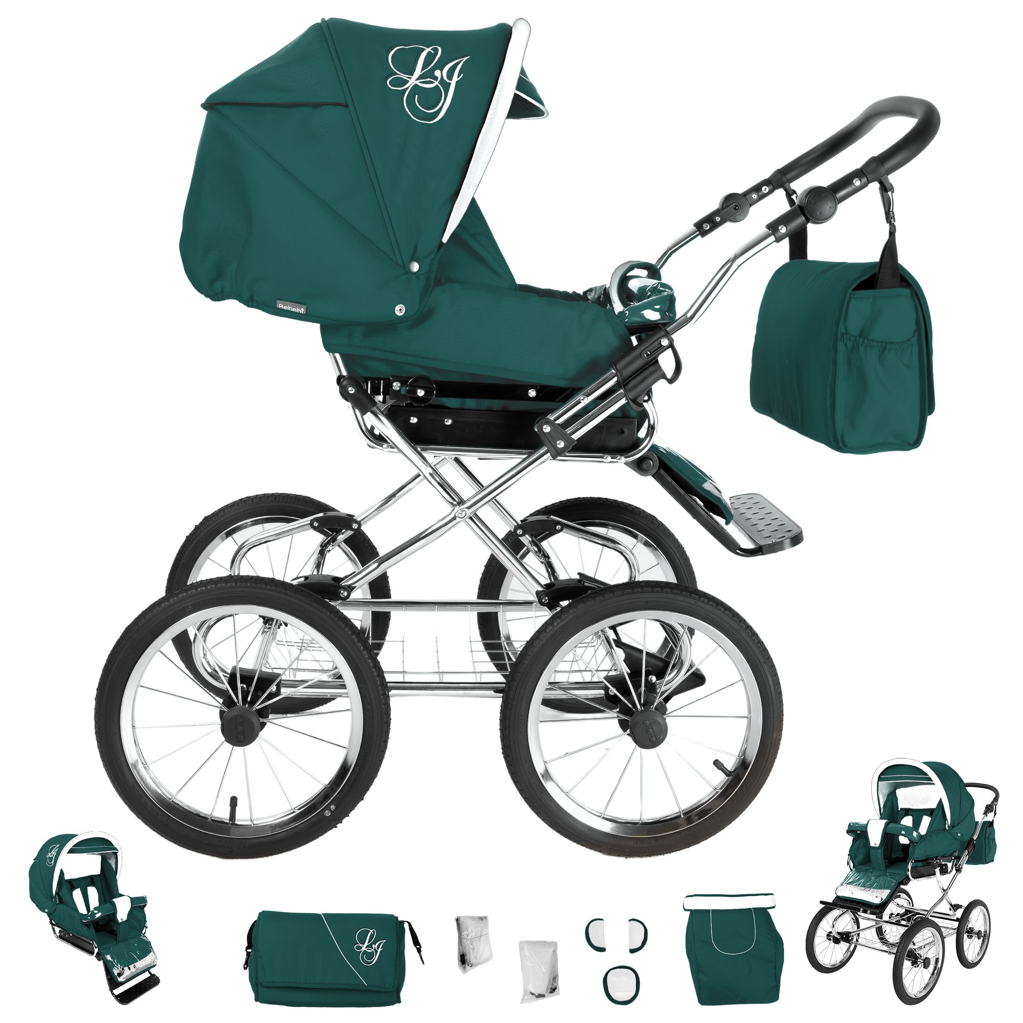 Bebebi Loving 3 in 1 Kinderwagen Set Nostalgie Kinderwagen, Green Ardent