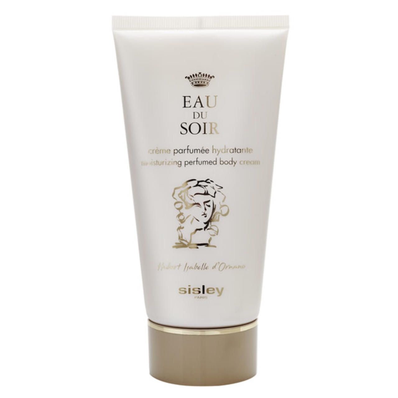 Creme-Tube, weiß mit goldfarbenen Akzenten. Aufschrift: Eau du Soir, Crème Parfumée Hydratante, Sisley.
