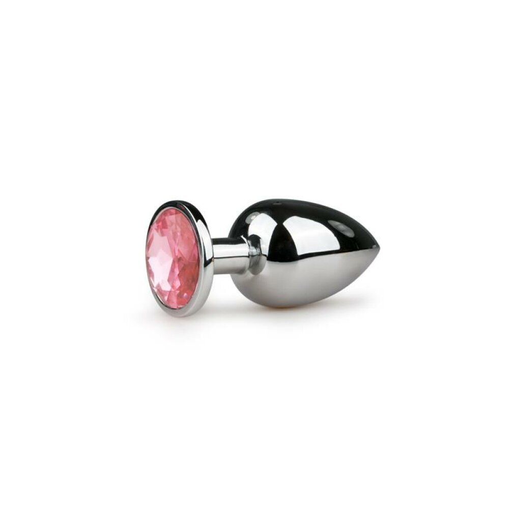 Analplug aus Metall mit rosa Zierstein. Glänzende Oberfläche, konische Form. Rosa Stein am Ende.