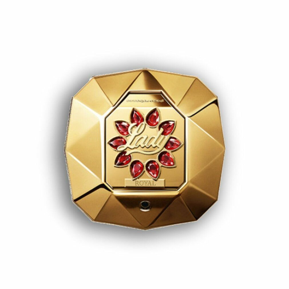 Draufsicht auf einen goldenen Flakon mit roter Verzierung. Diamantförmig.