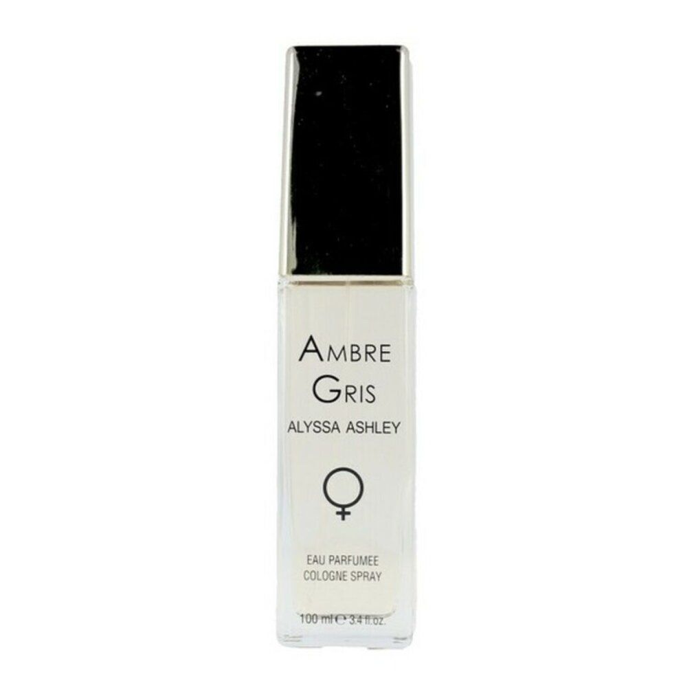 Alyssa Ashley Ambre Gris Eau Parfumee Cologne Spray, 100ml. Transparente Flasche mit schwarzem Verschluss.