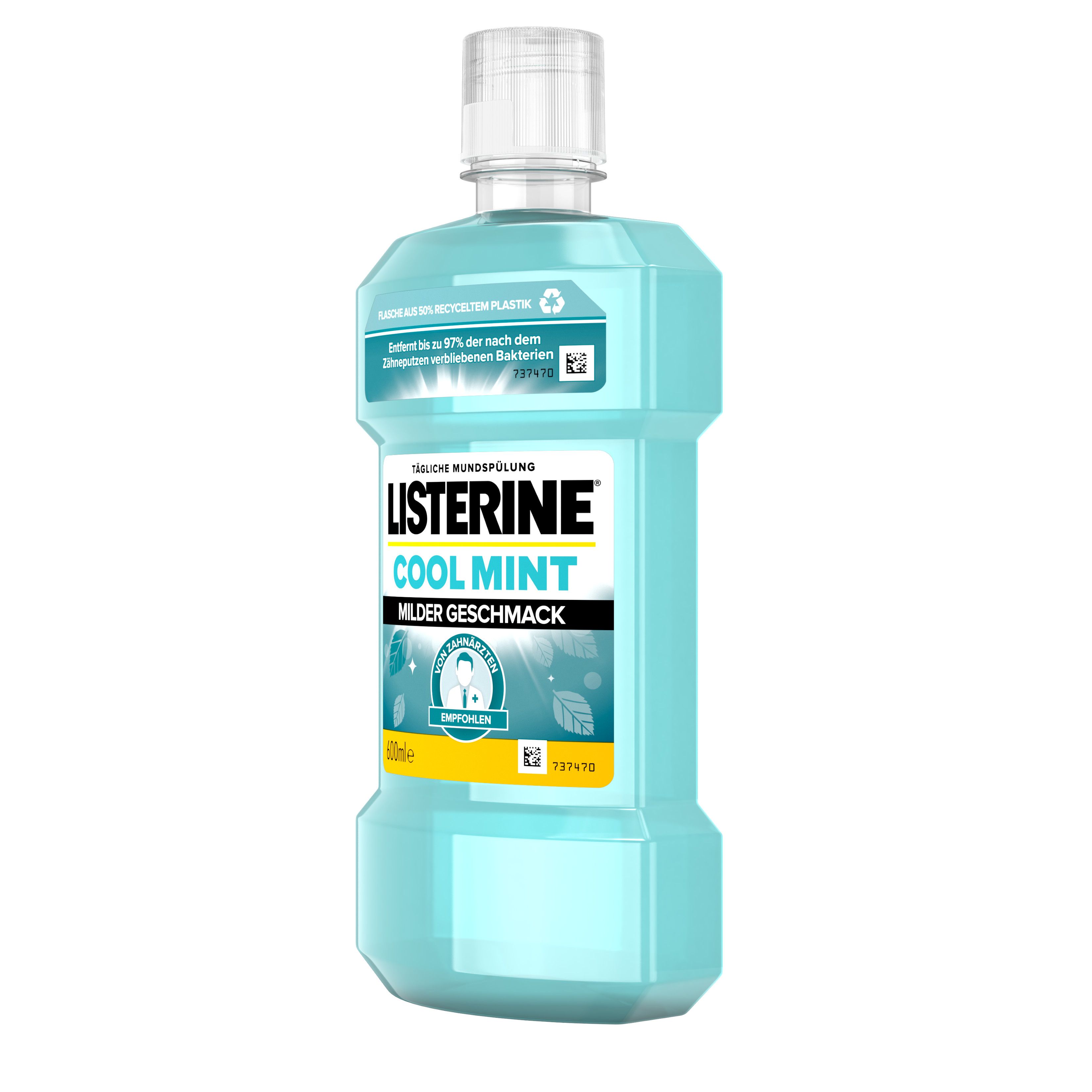 Listerine Cool Mint Mundspülung, blaue Flasche mit weißem Deckel. Aufschrift: Cool Mint, milder Geschmack. 500ml.