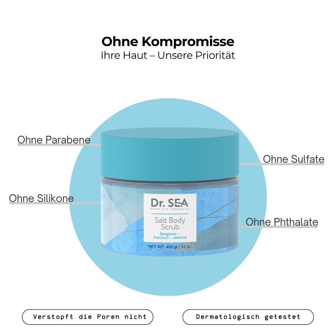 Tiegel "Dr. SEA Salt Body Scrub" mit Text: Ohne Parabene, Sulfate, Silikone, Phthalate. Dermatologisch getestet.