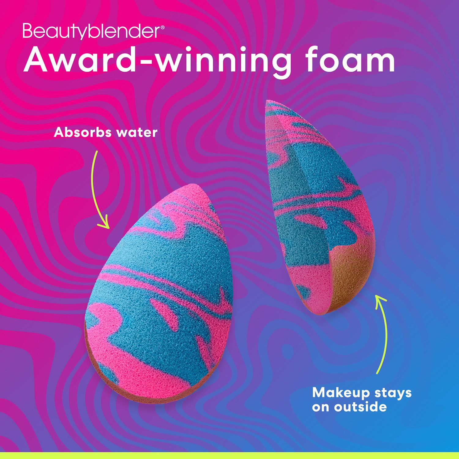 Beautyblender Pool Party Schwamm, halbiert. Pink-Blau-Muster. Text: Award-winning foam, Absorbiert Wasser, Makeup stays on outside.