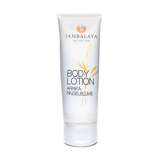 Weisse Tube mit "Jambalaya" und "Body Lotion" Schriftzug. Enthält "Arnika-Ringelblume".