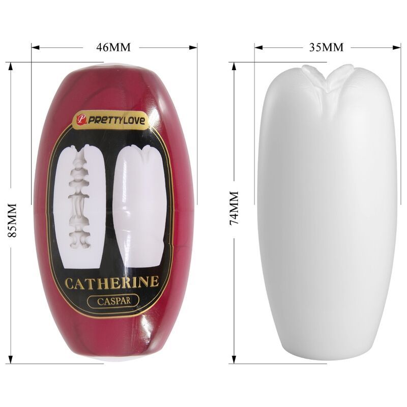 Masturbator und Verpackung. Roter Behälter mit Maßen. Produktname sichtbar.