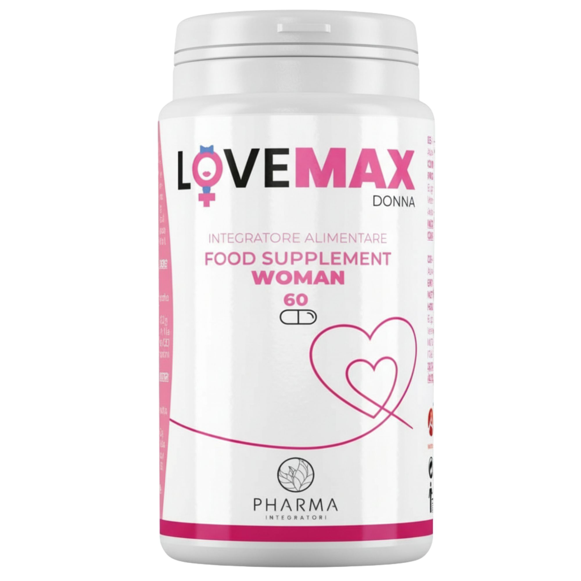 Weißes Pillenbehälter mit rosa Etikett. Text: LOVE MAX DONNA, Nahrungsergänzungsmittel, 60 Kapseln. Herz-Grafik.
