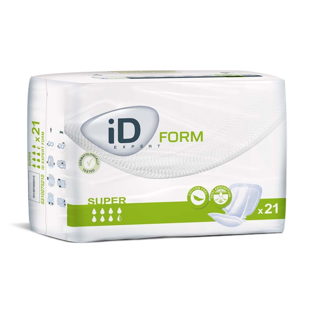 Verpackung von iD Expert Form Super. Weiß, mit grünen Akzenten. Logo und Produktbezeichnung deutlich sichtbar. Packung enthält 21 Stück.