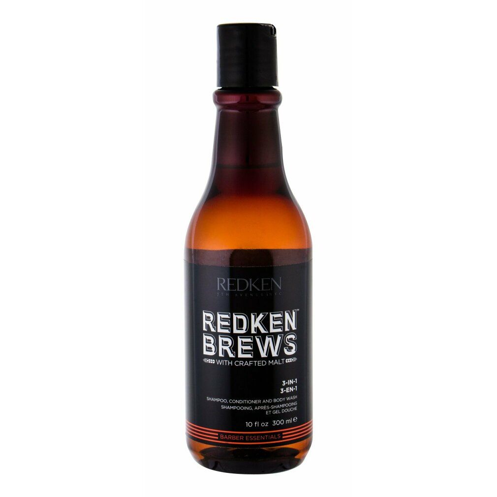 Braune Flasche mit schwarzem Deckel. Aufschrift: Redken Brews 3-in-1 Shampoo, Conditioner, Body Wash.