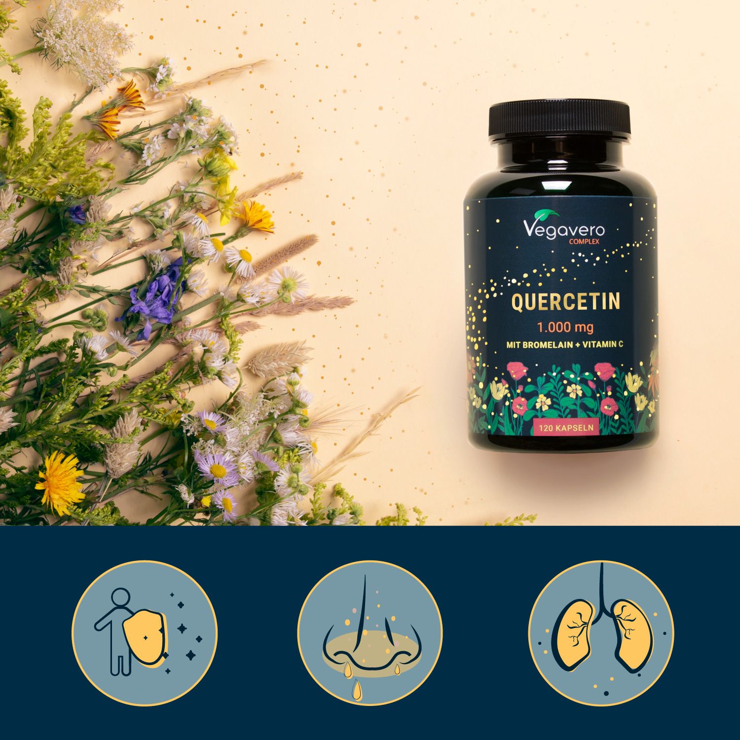 Produktflasche mit Blüten und Blättern. Drei Icons: Immunsystem, Nase, Lunge. Vegavero.