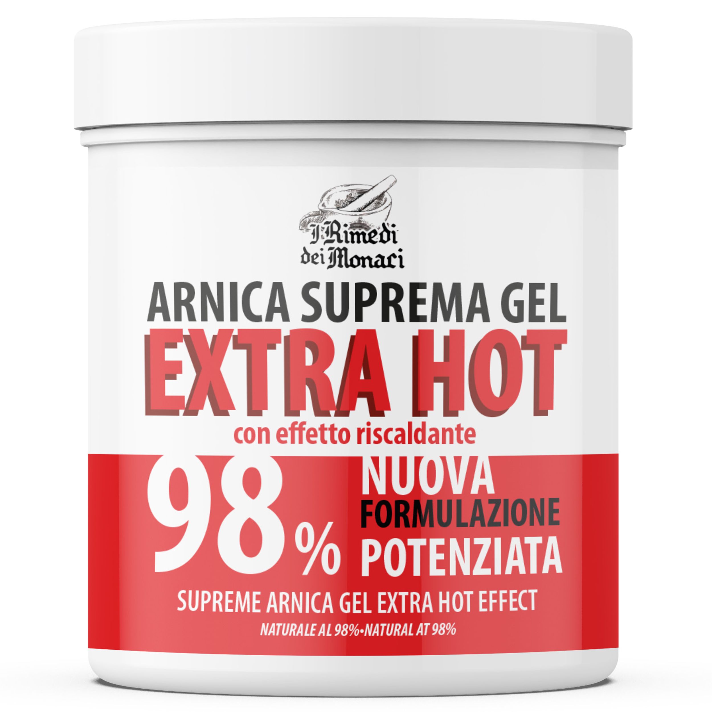 Weißer Tiegel mit rotem Etikett. Text: Arnika Suprema Gel Extra Hot 98%. Produktansicht.