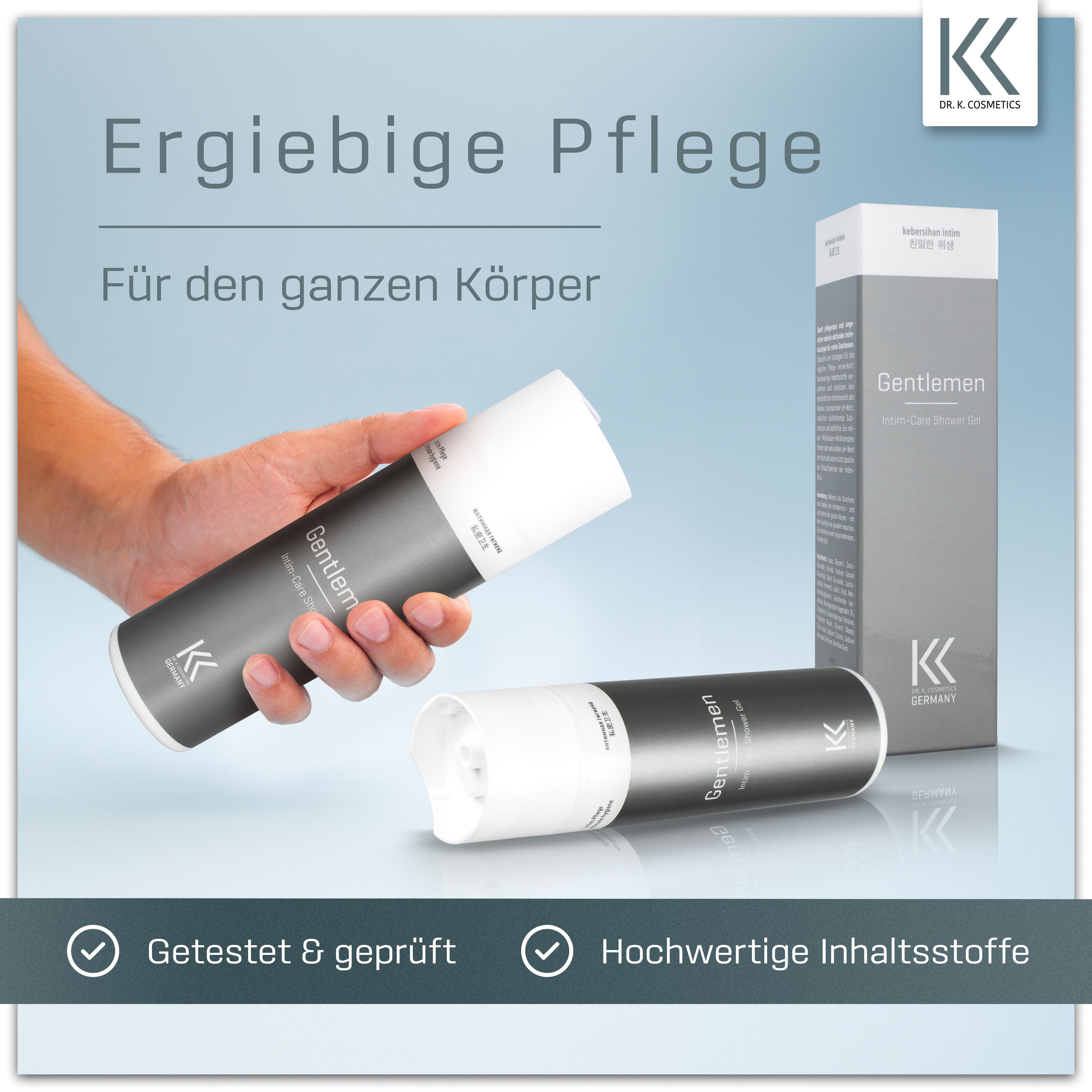 Hände halten zwei Flaschen. Text: Ergiebige Pflege für den ganzen Körper. Getestet & geprüft. Hochwertige Inhaltsstoffe.