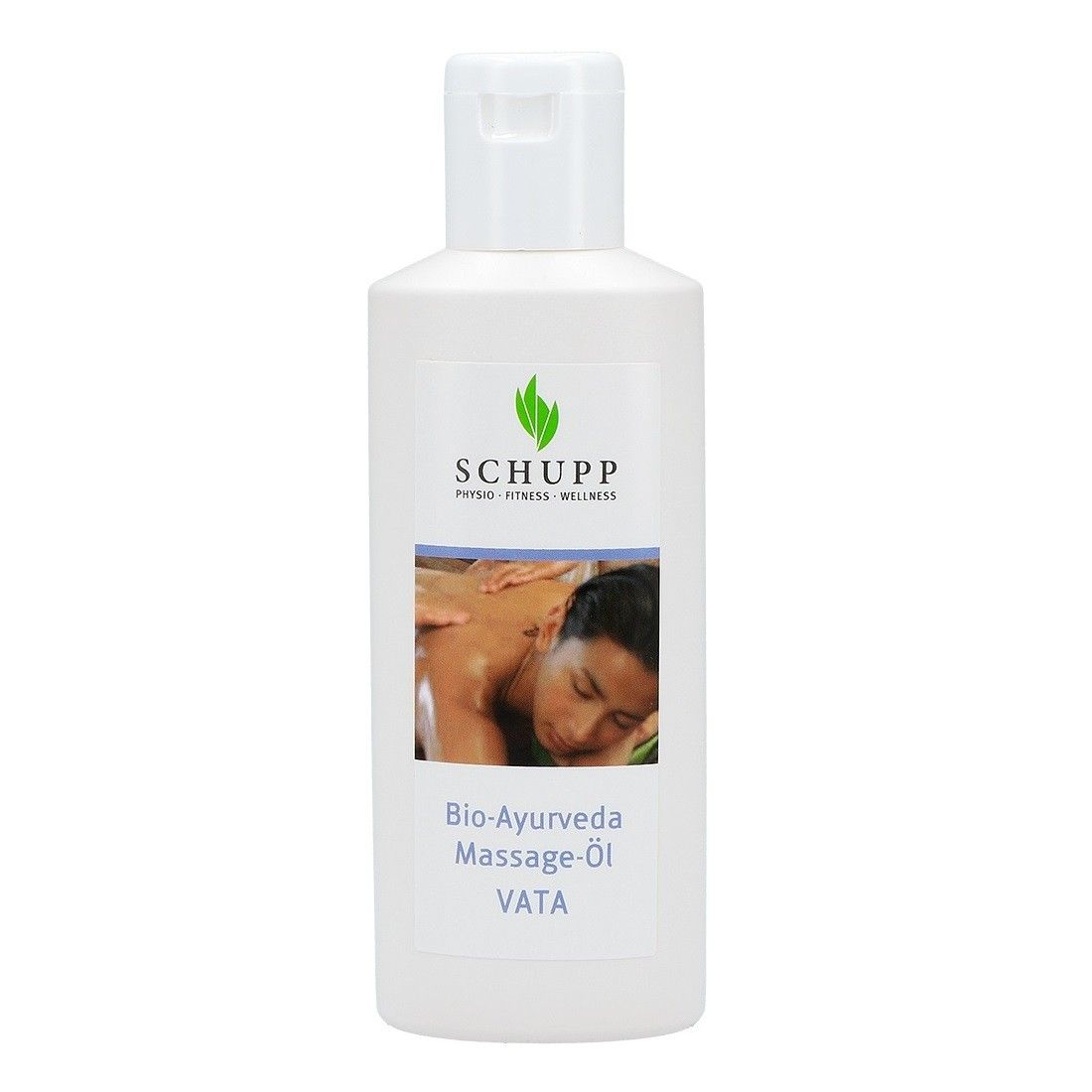 Weiße Flasche mit Klappverschluss. Etikett mit Logo und Text: Bio-Ayurveda Massage-Öl VATA. Abbildung einer Massage.