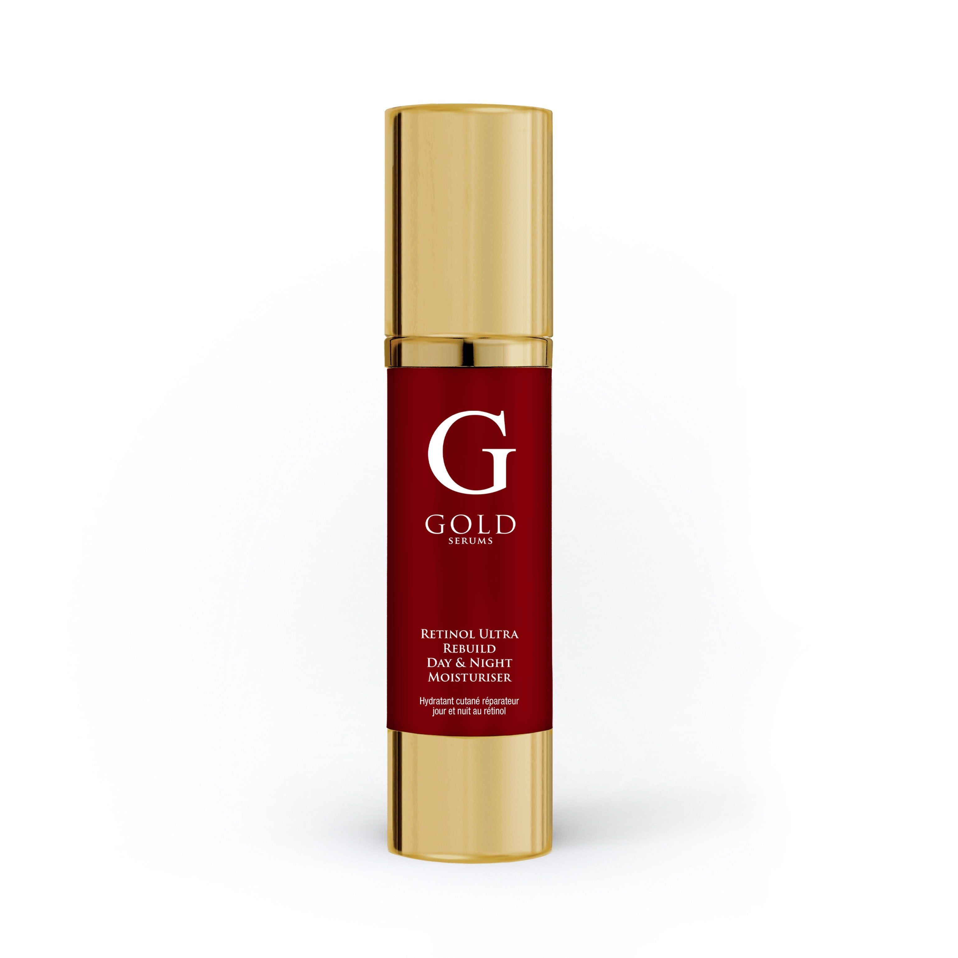 Gold Serums Flasche. Roter Aufkleber mit weißer Schrift: Retinol Ultra Rebuild Day & Night Moisturiser. Goldener Deckel und Flaschenboden.