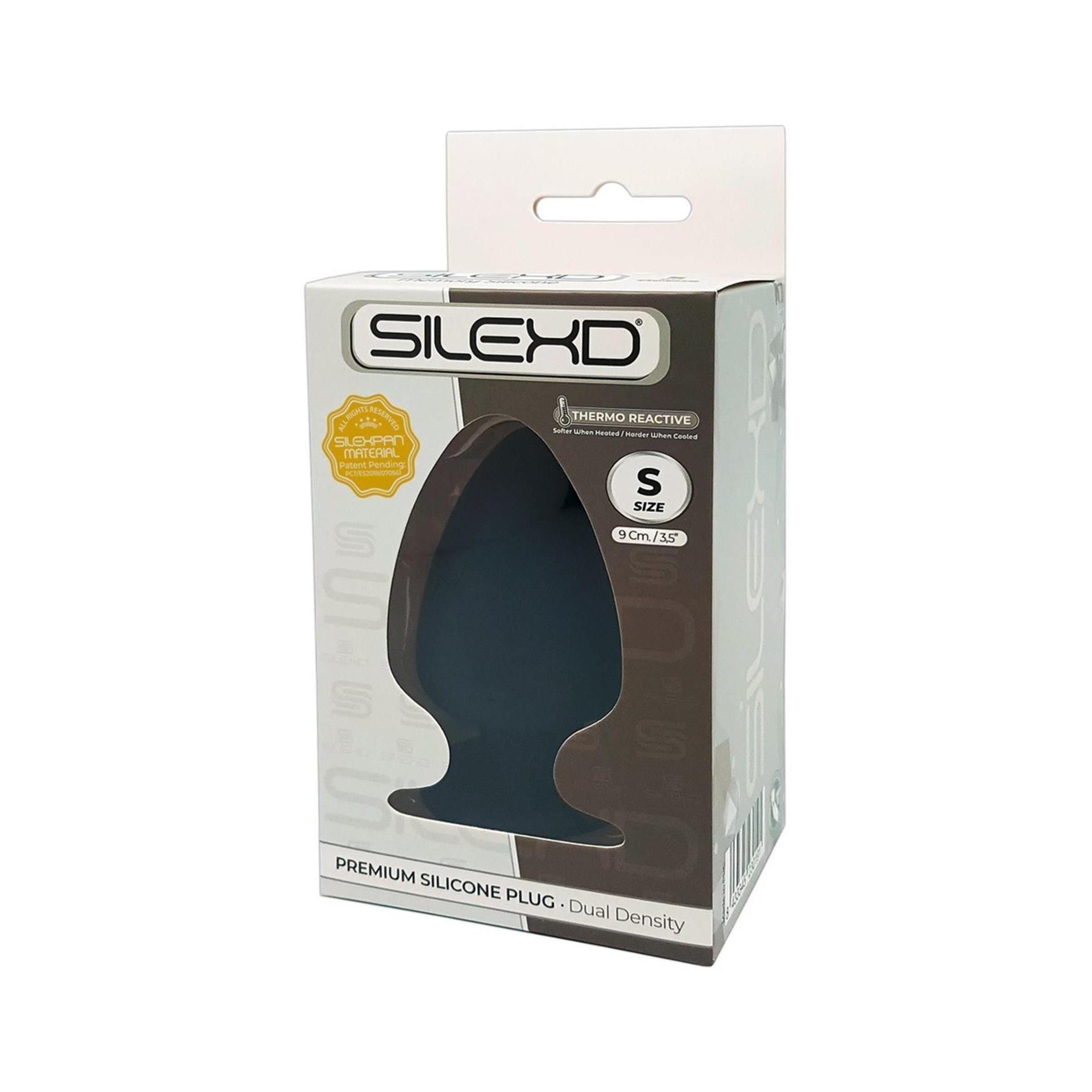 Schwarzer Silikon-Plug in Verpackung. Marke Silexd. Größe S. Dual Density. Thermo Reactive.
