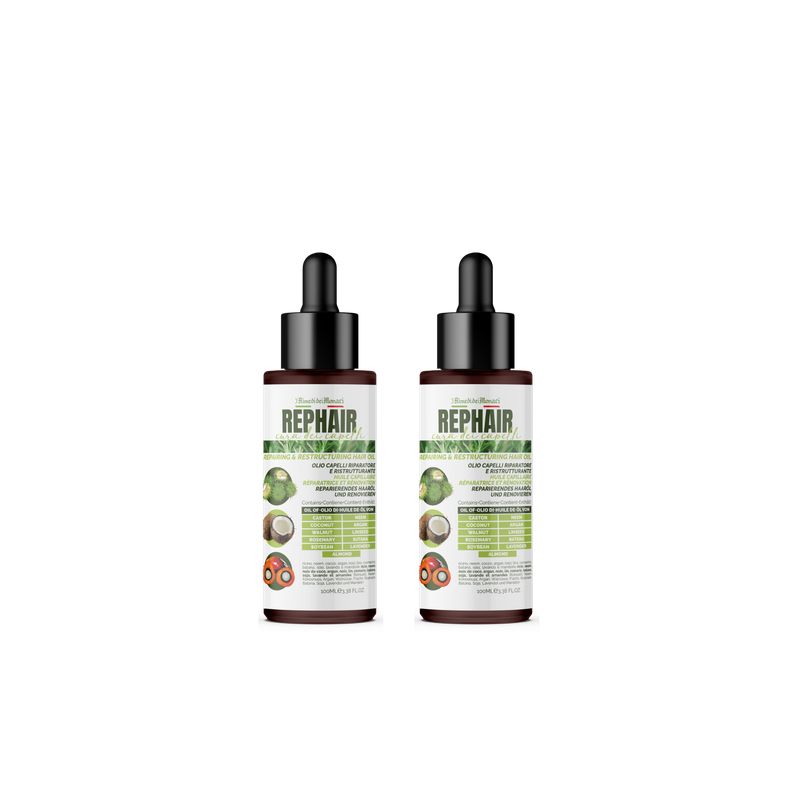 Zwei braune Flaschen mit schwarzen Pipetten. Auf den Etiketten steht "REPHAIR". Abbildungen von Früchten und Tabellen.