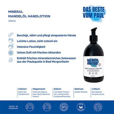 Produktflasche mit Pumpkopf, Etikett mit Produktname und Inhaltsstoffen. Text: Beruhigt, nährt, pflegt. Unisex Duft.