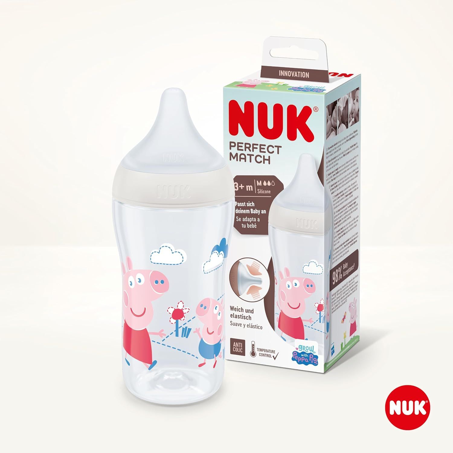 Babyflasche mit Peppa Wutz-Motiv und Verpackung. NUK Perfect Match-Logo. Flasche mit weißem Sauger. Verpackung mit Produktabbildung.