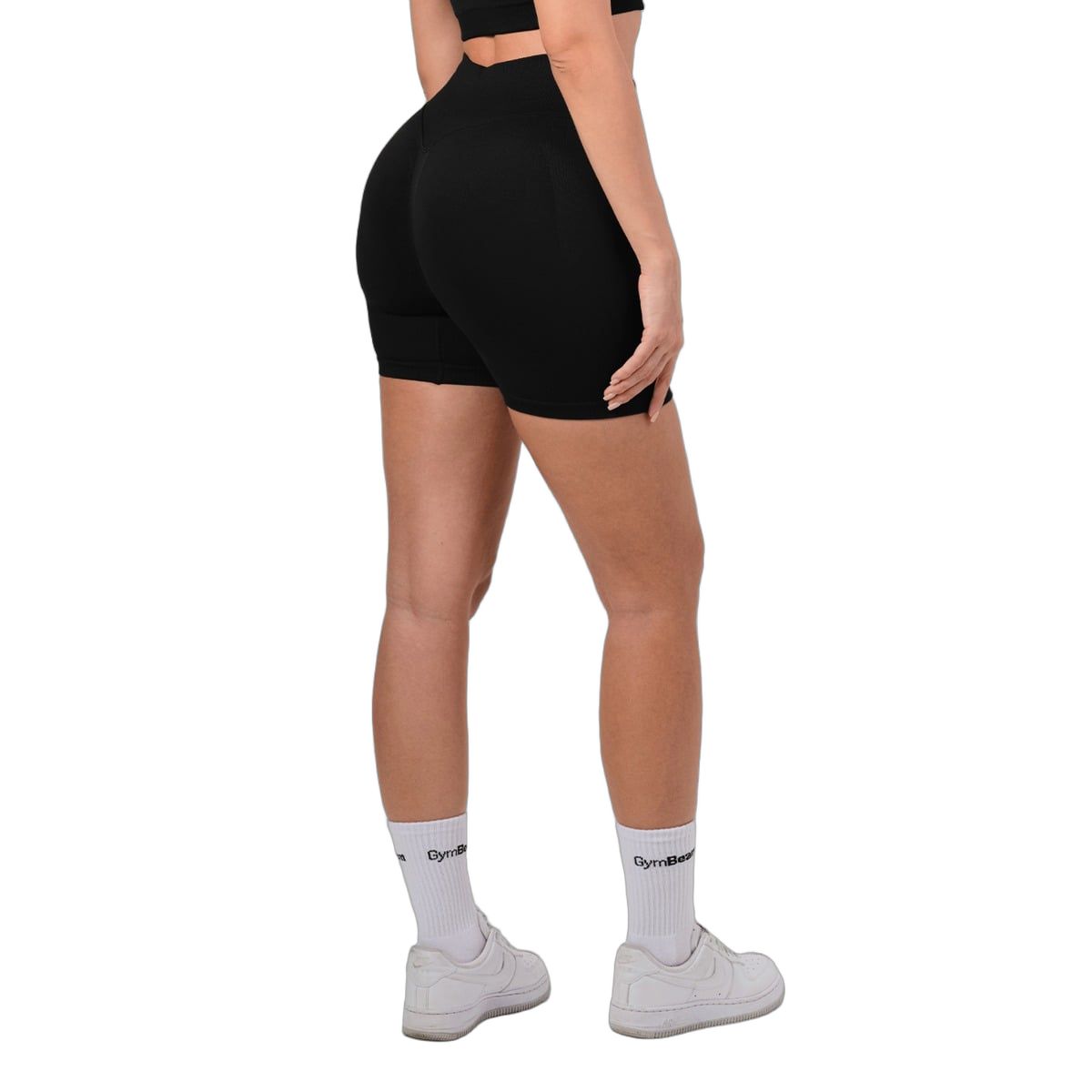 Schwarze Damen-Shorts mit hoher Taille und Gummizug, Rückansicht.