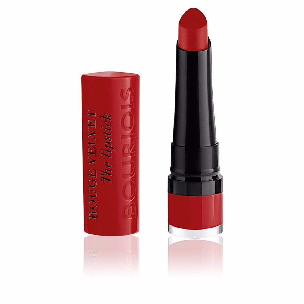 Roter Lippenstift, geöffnet. Auf dem Stift steht "Rouge Velvet The lipstick" und "Bourjois".