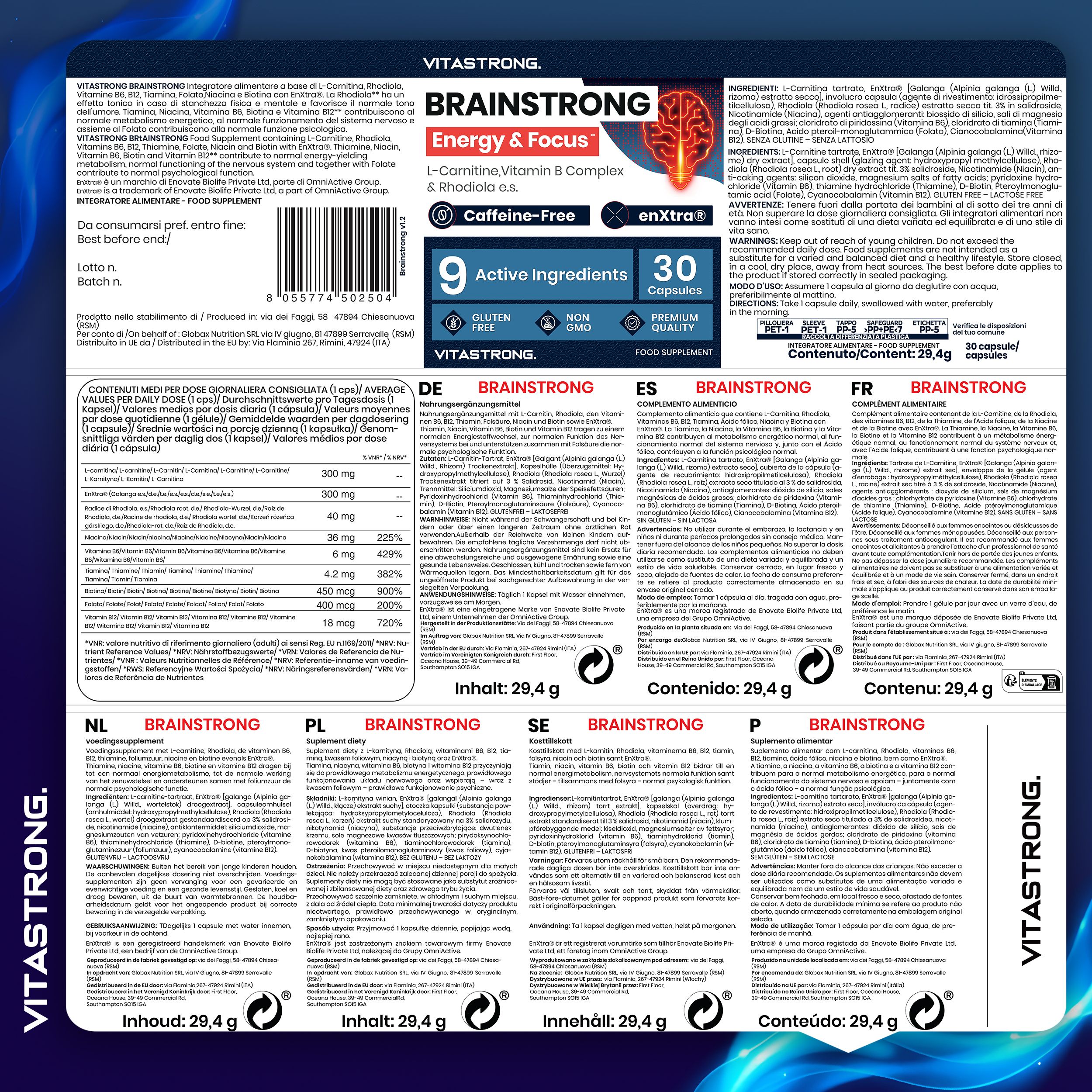 Vitastrong Brainstrong, 30 Kapseln. Rückseite der Verpackung. Text in verschiedenen Sprachen: Brainstrong, 9 Inhaltsstoffe.