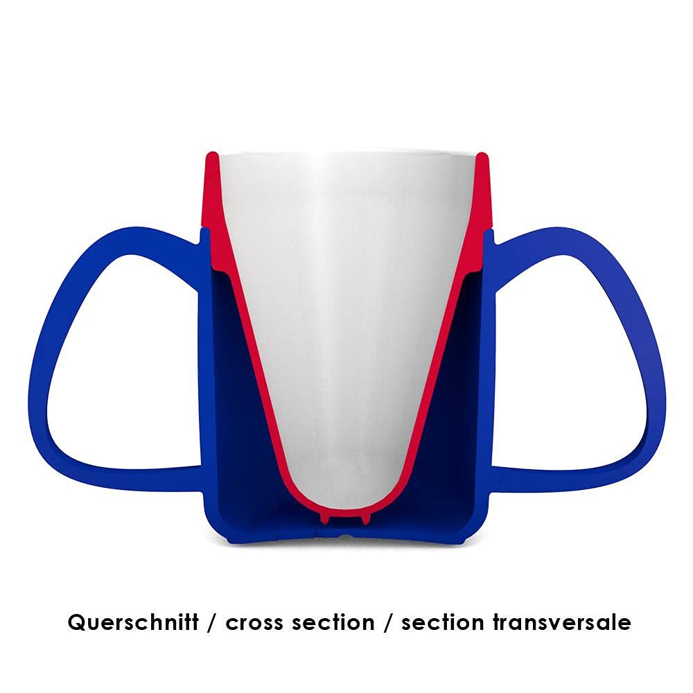 Querschnitt eines Bechers mit zwei Henkeln. Blau, rot und weiß. Mit Trink-Trick.