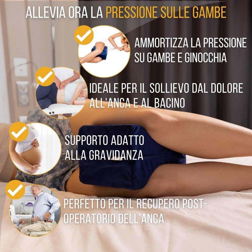Schema: vantaggi del cuscino per ginocchia. Allevia il dolore, supporta la gravidanza, ideale dopo intervento all'anca.
