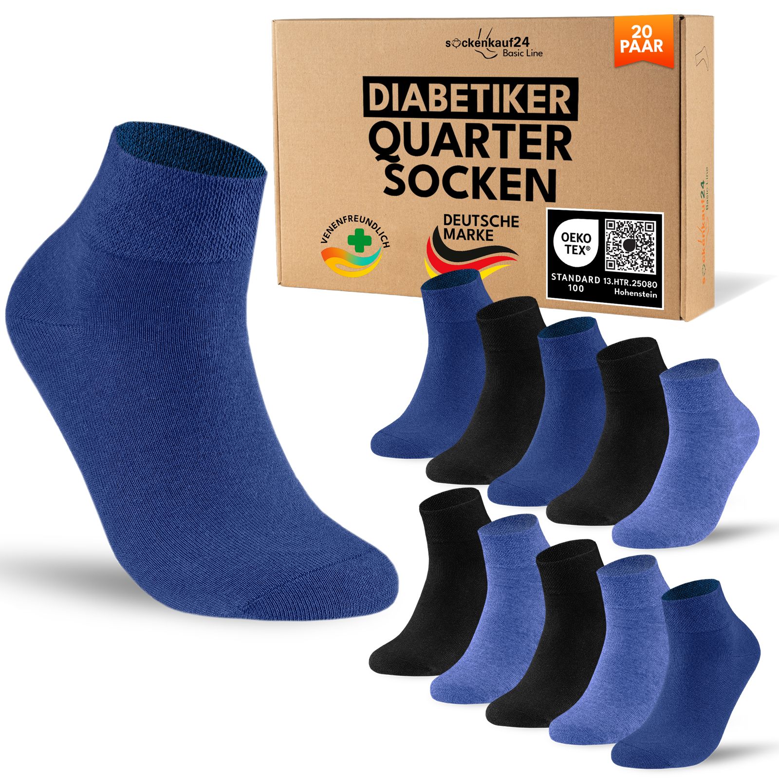 Diabetiker Quarter Socken mit Komfortbund ohne Gummi & Naht für Damen und Herren 20 Pk
