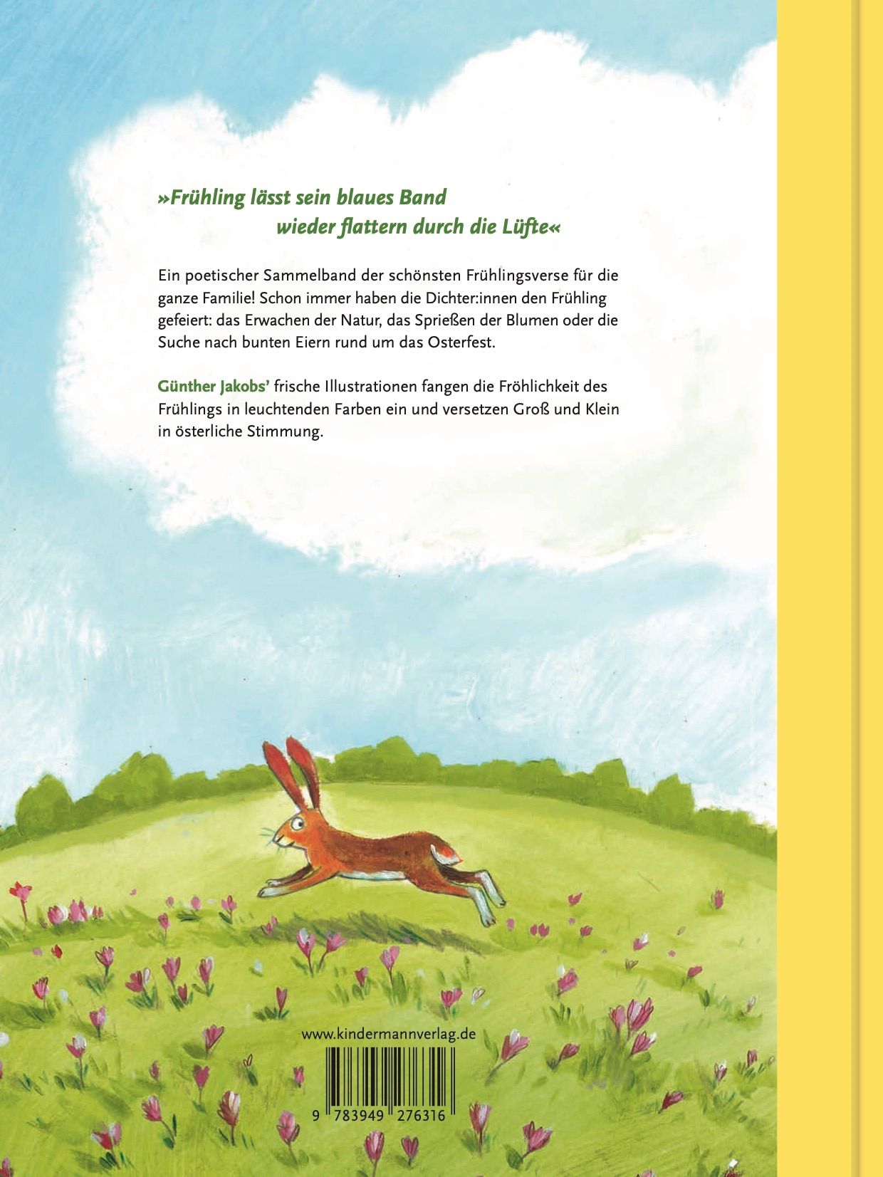 Buchrückseite mit Text und Hase. Titel "Er ist's". Kinderbuch, Frühlingsgedichte, Illustrationen.